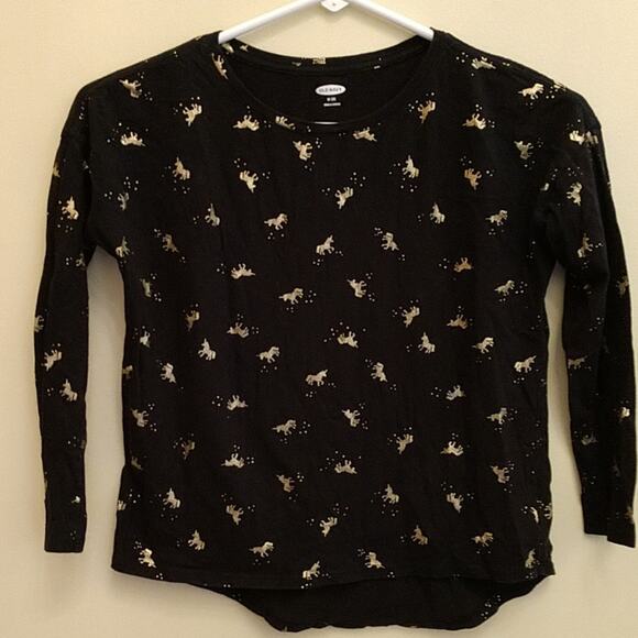 Old Navy Black Hi Lo Gold Unicorn Tee GIRLS size Medium 8 Long Sleeve - Picture 1 of 5
